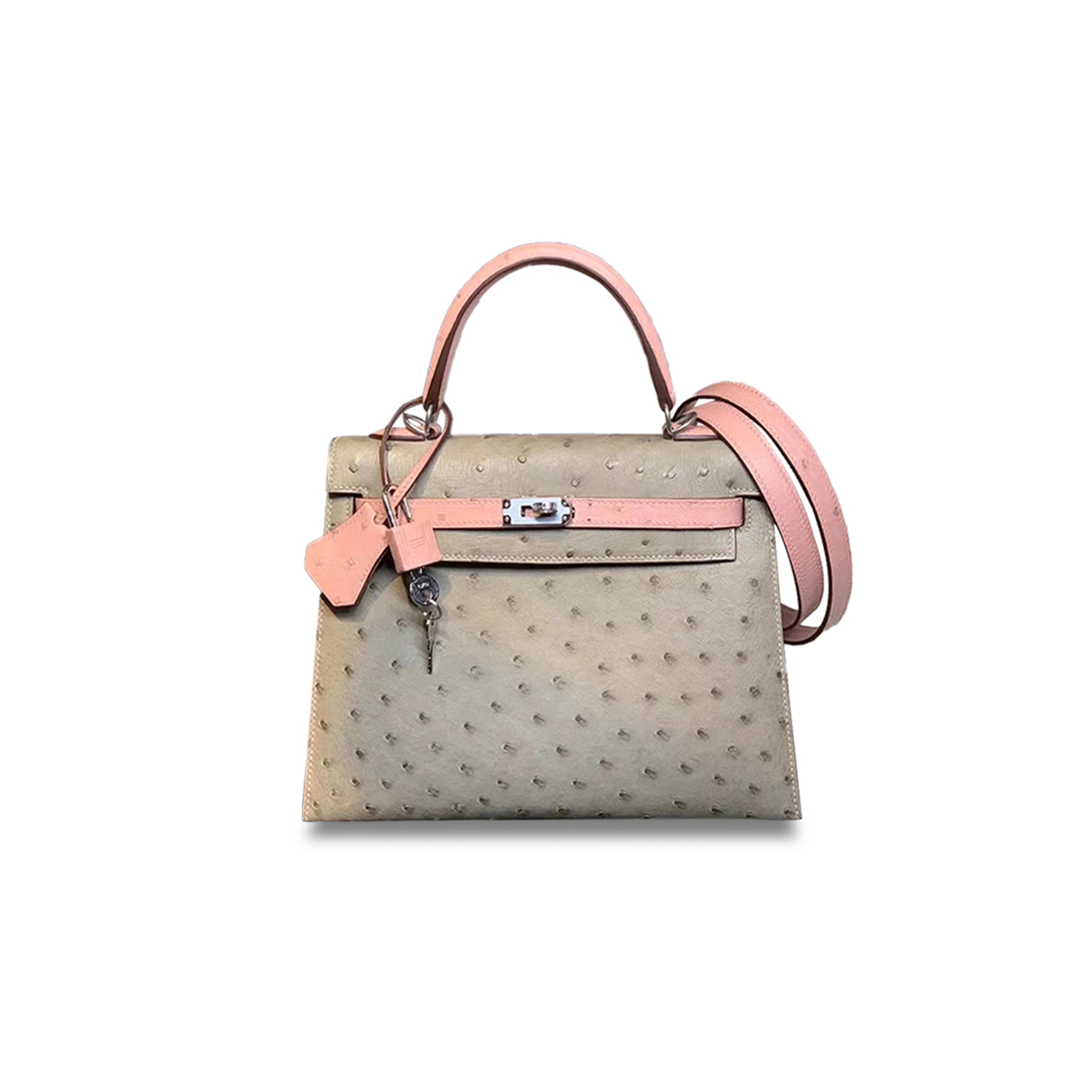 HERMÈS MASTER KELLY 25 OSTRICH LEATHER TURTLEDOVE GREY AND CERAMIC POWDER SILVER BUCKLE (25*17*7cm)